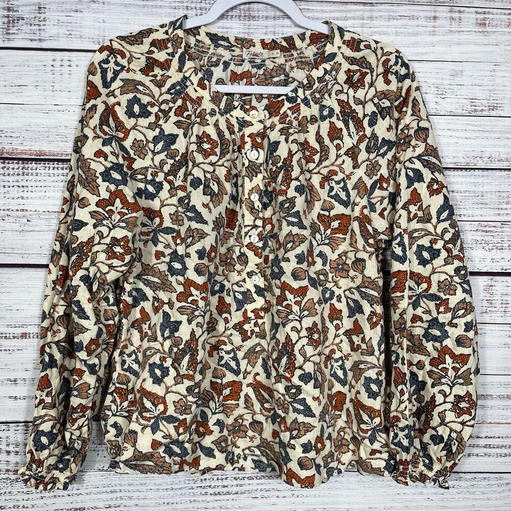 Faherty Odette Linen Top Small Floral Peasant Blouse Boho Cottagecore Button - Picture 2 of 11